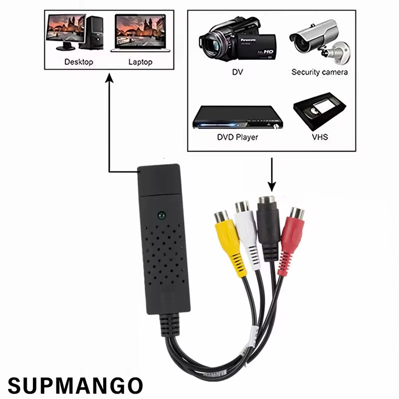 USB Audio Video Capture Card Adapter with USB Cable USB 2.0 to RCA Video Capture Converter for TV DVD VHS Capture Device