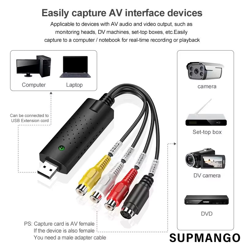 USB Audio Video Capture Card Adapter with USB Cable USB 2.0 to RCA Video Capture Converter for TV DVD VHS Capture Device