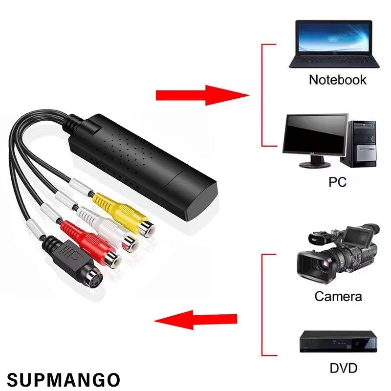 USB Audio Video Capture Card Adapter with USB Cable USB 2.0 to RCA Video Capture Converter for TV DVD VHS Capture Device