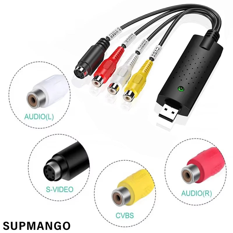 USB Audio Video Capture Card Adapter with USB Cable USB 2.0 to RCA Video Capture Converter for TV DVD VHS Capture Device