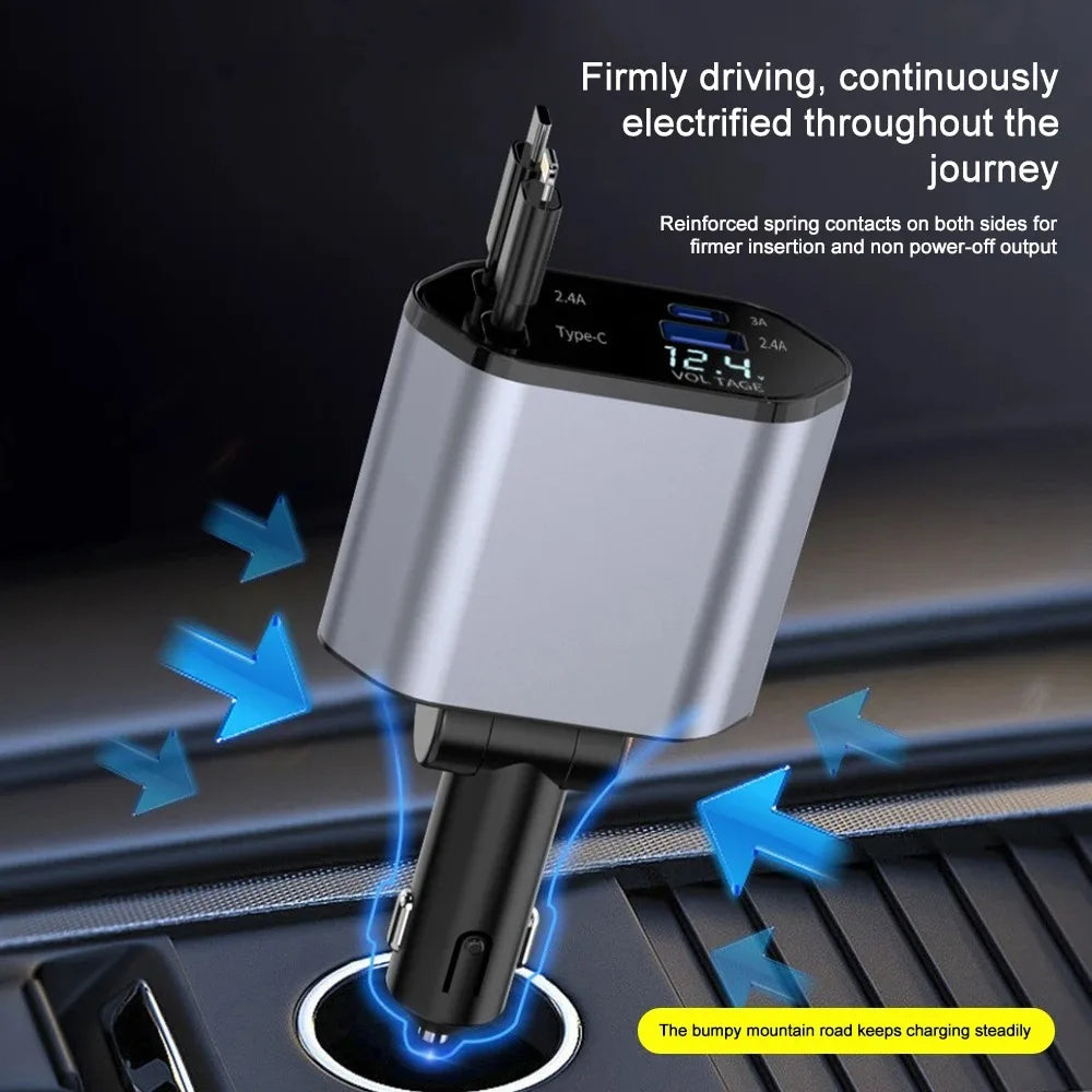 Retractable Car Charger 120W 4 in 1 Super Fast Charge Retractable Cables for Iphone 15/14/13/12 Pro Max Xr,Ipad,Samsung,Pixel