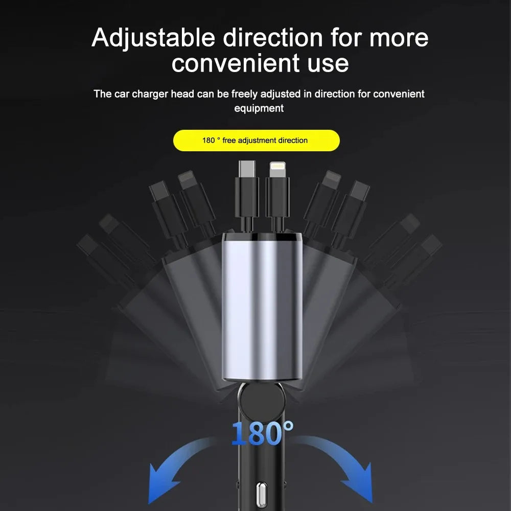 Retractable Car Charger 120W 4 in 1 Super Fast Charge Retractable Cables for Iphone 15/14/13/12 Pro Max Xr,Ipad,Samsung,Pixel