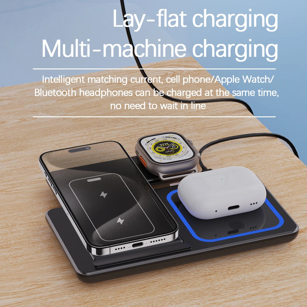 30W LED Fast Wireless Charger Stand 3 in 1 Foldable Charging Station for Iphone 15 14 13 12 11 Apple Watch 9 8 7 6 5 Airpods Pro